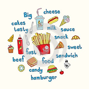 Vector work for flyers and menus. Fast food, french fries, hamburger, cheese, muffins, donuts, ice