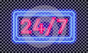 Vector work time 24 7 sign neon light style with colorful frame