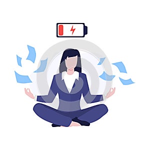 Vector worker girl or business woman in suit sitting on floor in lotus pose with flying around documents, dead battery above head