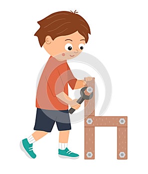 Vector working boy. Flat funny kid character screwing a screw in a wood chair with a screwdriver.