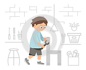Vector working boy. Flat funny kid character screwing a screw in a wood chair with a screwdriver on workshop background.