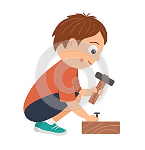 Vector working boy. Flat funny sitting kid character nailing up with a hammer. Craft lesson illustration. photo