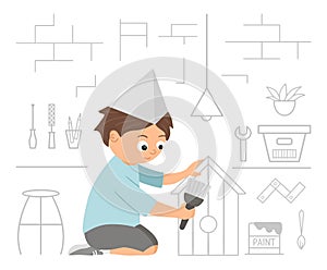Vector working boy. Flat funny sitting kid character painting a nestling box on workshop background.