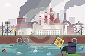 Vector of a working factory polluting air, water and soil