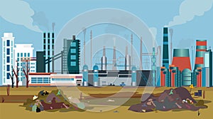 Vector of a working factory polluting air, water and soil with toxic waste