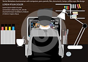 Vector Workplace for Business Briefcase, tables, chairs, computers, watches, pens, pencils, files, documents, lamps, coffee cups,