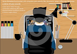 Vector Workplace for Business Briefcase, tables, chairs, computers, watches, pens, pencils, files, documents, lamps, coffee cups,