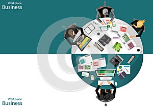 Vector Workplace businessman top view. Modern communication technologies task, leveraging Mobile,Notebook, Table,t pen and paper,