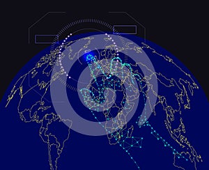 Vector Worl Map and Cyber Pointing Finger, Blue Earth Globe and Technology Elements.