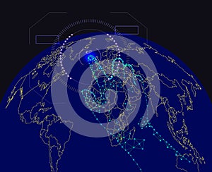 Vector Worl Map and Cyber Pointing Finger, Blue Earth Globe and Technology Elements