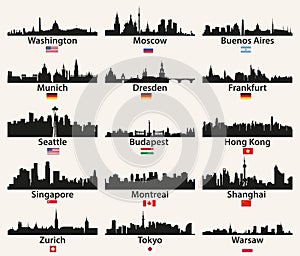 Vector world city skylines silhouettes with flags