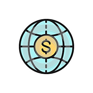 Vector world with coin, global cash, money transfers flat color line icon.