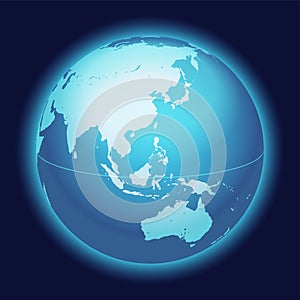 Vector World Globe Map. China, Eastern Asia, Australia, Centered Map. Blue Planet Sphere Icon.
