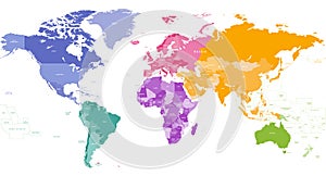 Vector world map colored by continents