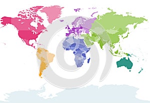 Vector world map colored by continents