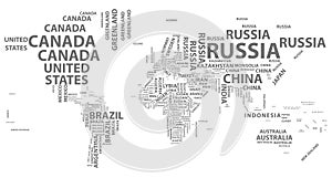Vector world map with country names in typography