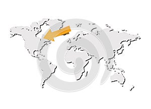 Vector World Map with Shadow and Yellow 3D Pointing Arrow, Illustration Background, Gray Map and Colorful Arrow Template