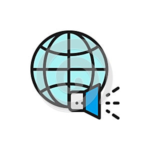 Vector world with megaphone, social media, news flat color line icon.