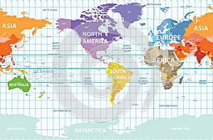 Vector world political map centered by America
