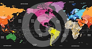 Vector world political map colored by continents on black background and centered by America