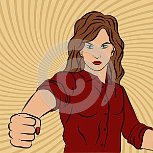 Vector wow pop art sexy strict girl, female feminist demands and asserts her rights, knocks with fist. Retro color illustration photo