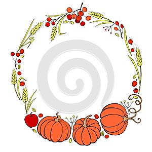 Vector wreath of autumn harvest symbols: pumpkins, wheat ears, berries in flat doodle style. Colorful round frame