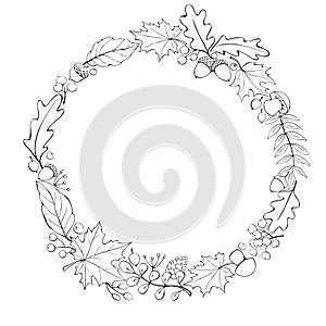 Vector wreath of autumn leaves, mushrooms, acorns, berries. Doodle contoured illustration. Round frame, border