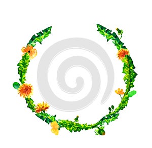 Vector Wreath, circle frame with the watercolor flowers, dandelion fuzzies, hand drawn for wedding design, greeting card
