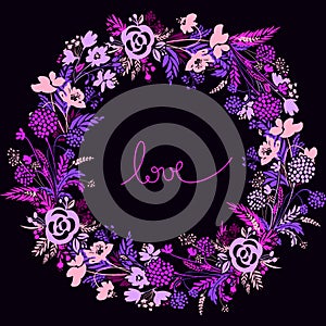 Vector Wreath with Flowers. Beautiful card with floral pattern.