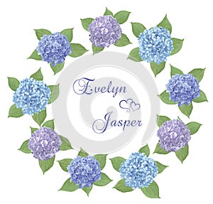 Vector wreath frame for wedding invitations.Watercolor Blue, purple, sapphirine flower, leaves of hydrangea, mophead, lacecap, photo