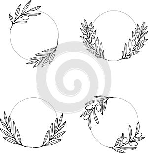 Vector wreath olive set. Botanical hand drawn frames of branches.
