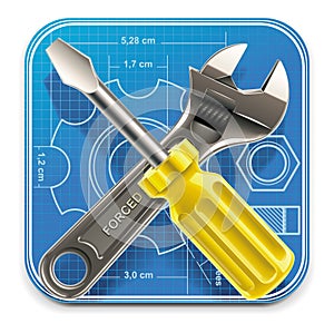 Vector wrench and screwdriver on blueprint XXL