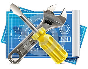 Vector wrench and screwdriver on blueprint XXL ico photo