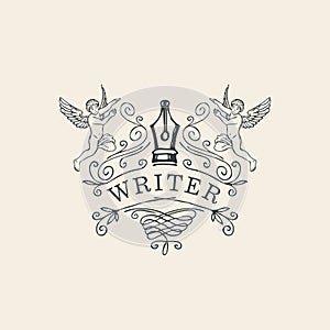 Vector writer logo or icon with nib and angels