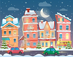 Vector Xmas card with a decorated snowy old city town at Christmas eve in night.