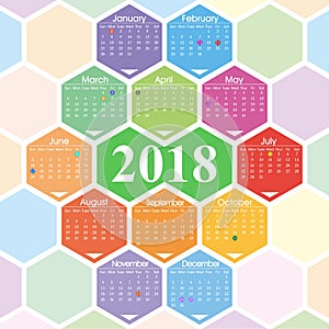 Vector year of 2018 calendar with hexagon pattern