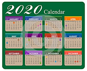 Vector year of 2020 calendar background