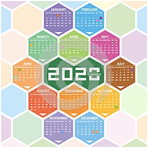 Vector year of 2020 calendar with hexagon background