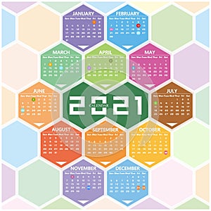 Vector year of 2021 calendar with hexagon background