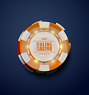 Vector yellow casino poker chips with luminous light elements, top view. Dark blue background. Online casino, blackjack poster