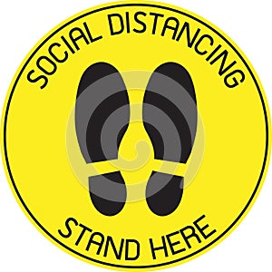 Vector of Yellow CAUTION Practice Social Distancing sign and symbols for People stand in designated areas