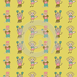 Vector yellow cute vertical anthromorph cartoon characters seamless pattern background