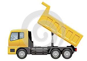 Vector Yellow Dump Truck Unloading Side View Illustration On A White Background.