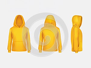 Vector yellow hoodie sweatshirt 3d realistic mockup template on white background. Fashion long sleeve, clothing pullover