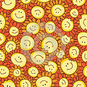 Vector yellow and orange doodle cute happy smiley face sun flowers seamless repeat pattern. Suitable for textile, gift