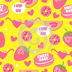 Vector yellow pattern with lips, hearts, sweet babe, strawberry and donuts.