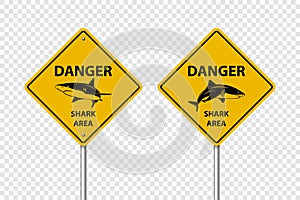 Vector Yellow Shark Sighting Sign Set Isolated. Shark Attack Warning. Danger for Surfing and Swimming. Shark Zone, Area