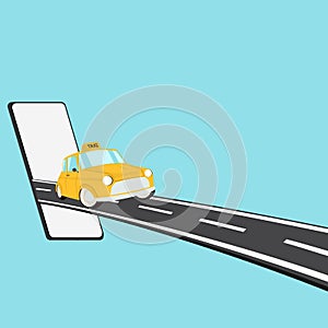 Vector of a yellow taxi exiting a mobile phone representing mobile services