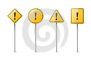 Vector Yellow Warning, Danger Stop Sign Frame with an Exclamation Mark in Full Length Icon Set Isolated. Rhombus, Circle