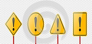 Vector Yellow Warning, Danger Stop Sign Frame with an Exclamation Mark Icon Set Isolated. Rhombus, Circle, Triangle